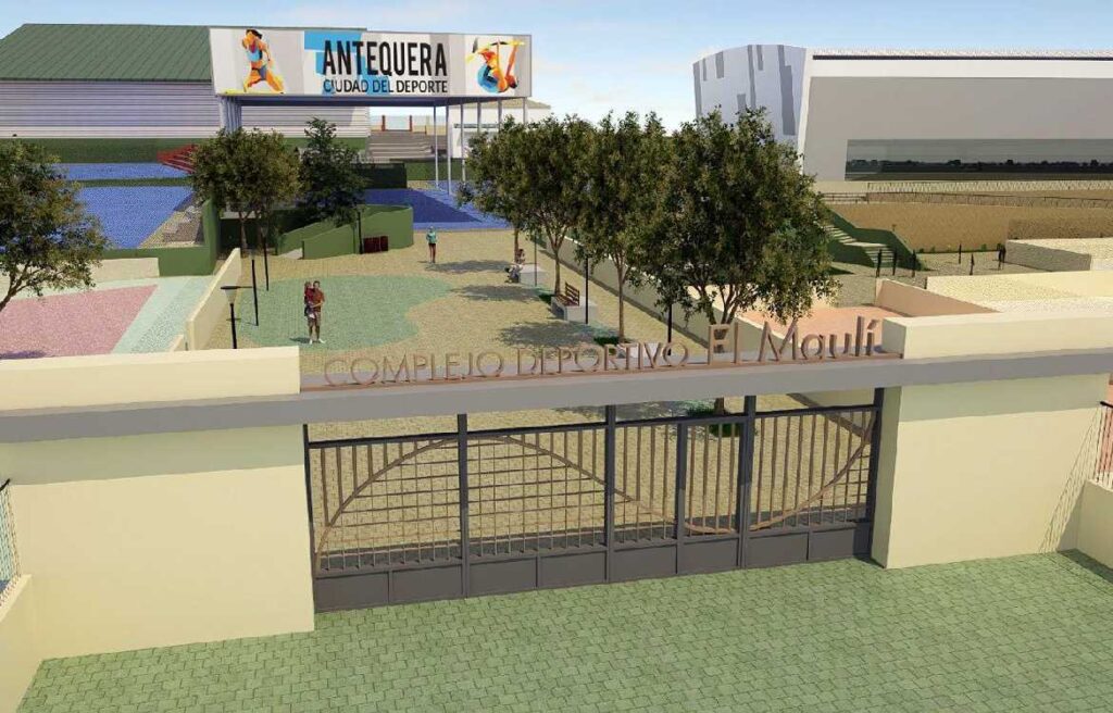 Recreación digital tras las obras de mejora del nuevo complejo deportivo El Maulí de Antequera