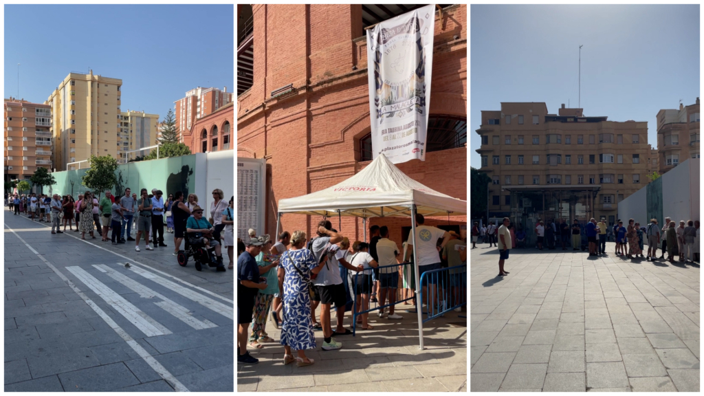 Largas colas en la Plaza de Toros de la Malagueta para conseguir entradas para la Feria