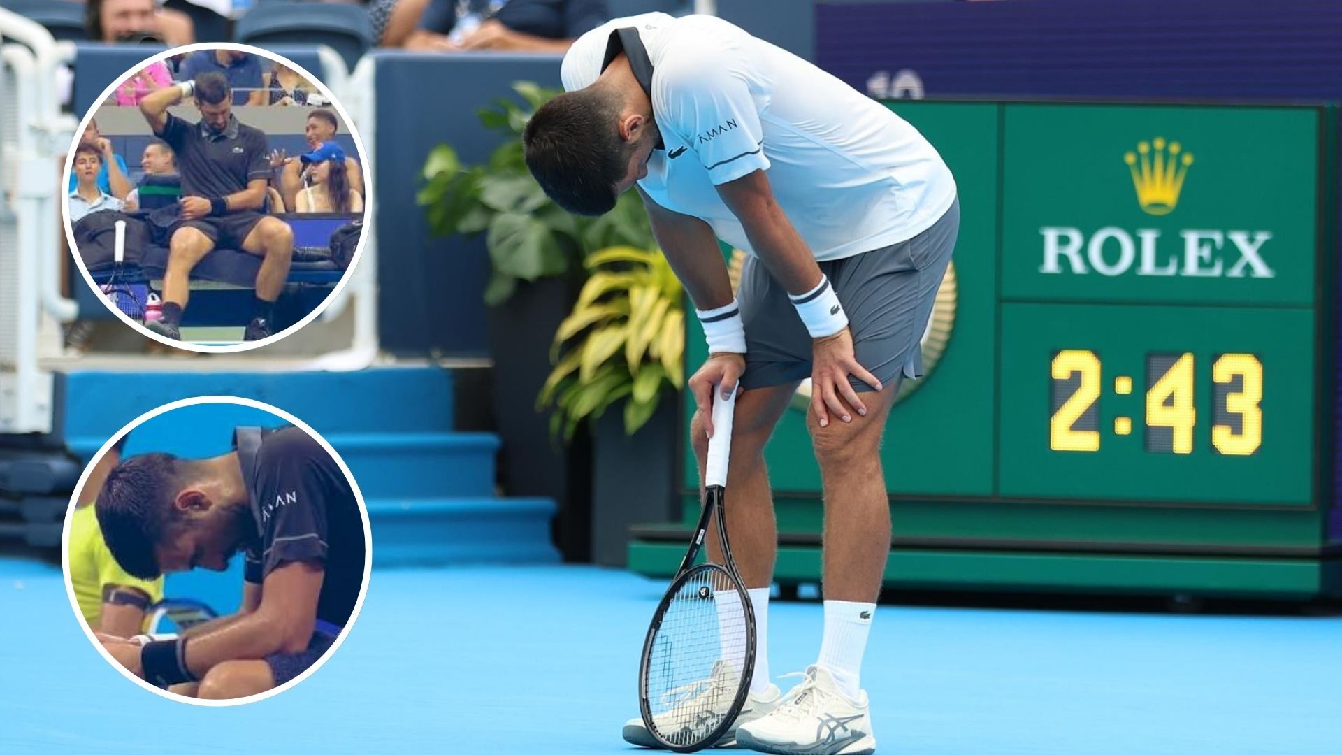 Novak Djokovic, de negro, abatido tras caer en el US Open.