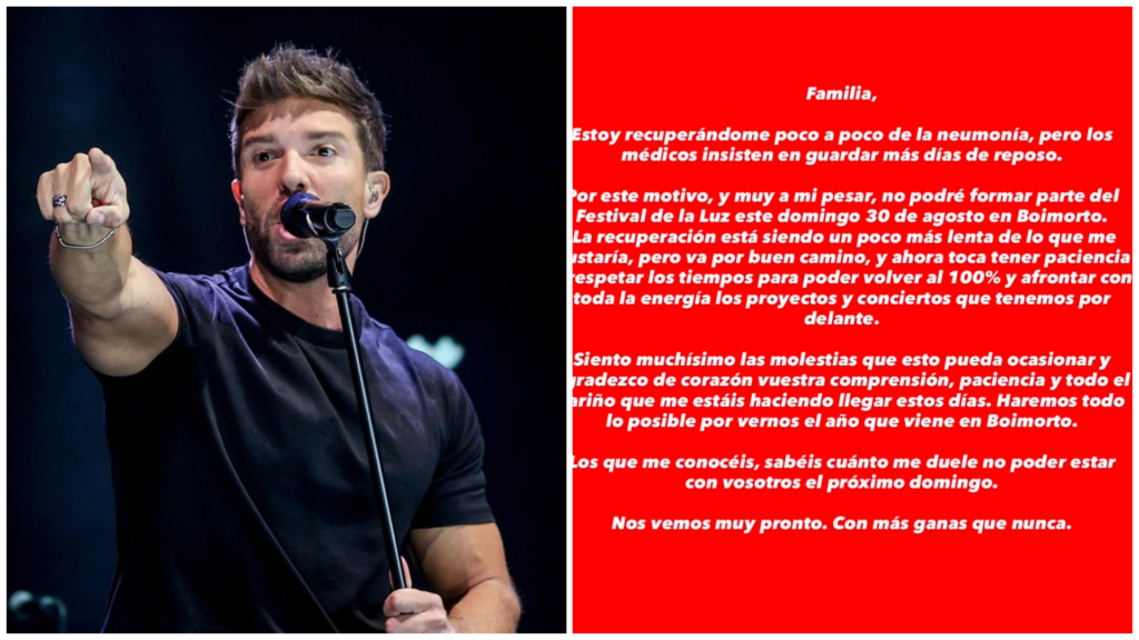 El malagueño Pablo Alborán sigue sin recuperarse de su neumonía y anuncia una nueva cancelación de un concierto