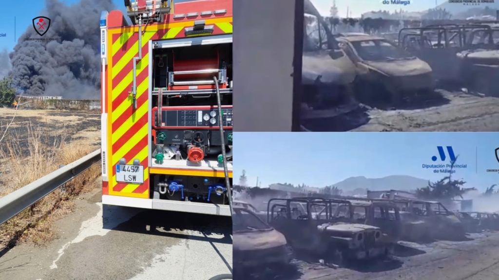 El fuego arrasa un taller mecánico en Estepona y calcina unos 50 vehículos