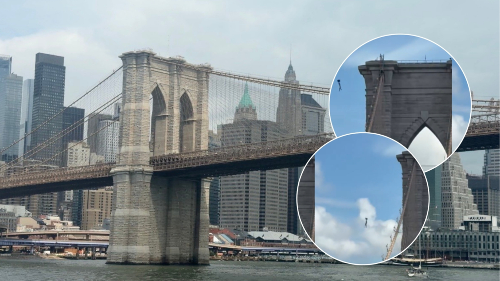 La temeraria secuencia a 80 metros de altura: escala el puente de Brooklyn en Nueva York y se lanza al vacío