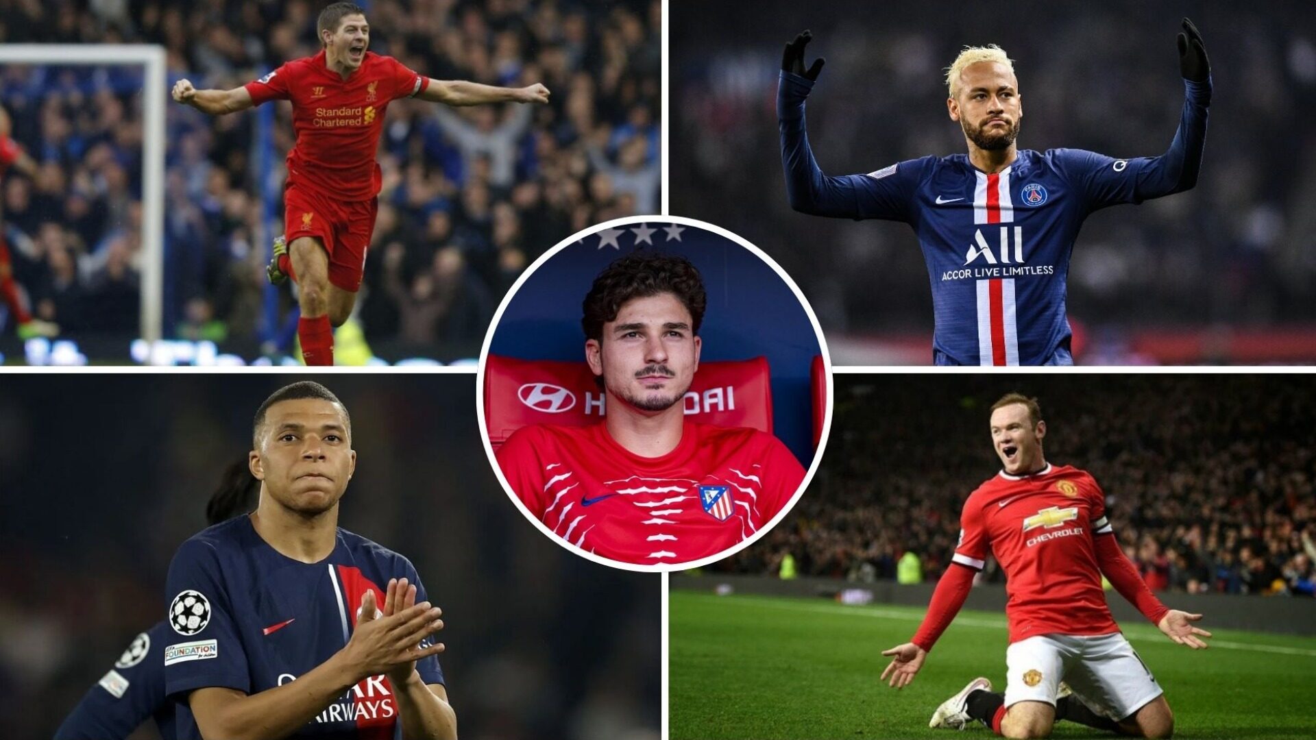 Steven Gerrard, Kylian Mbappé, Neymar y Rooney junto a Julián Álvarez, en el medio de la foto.