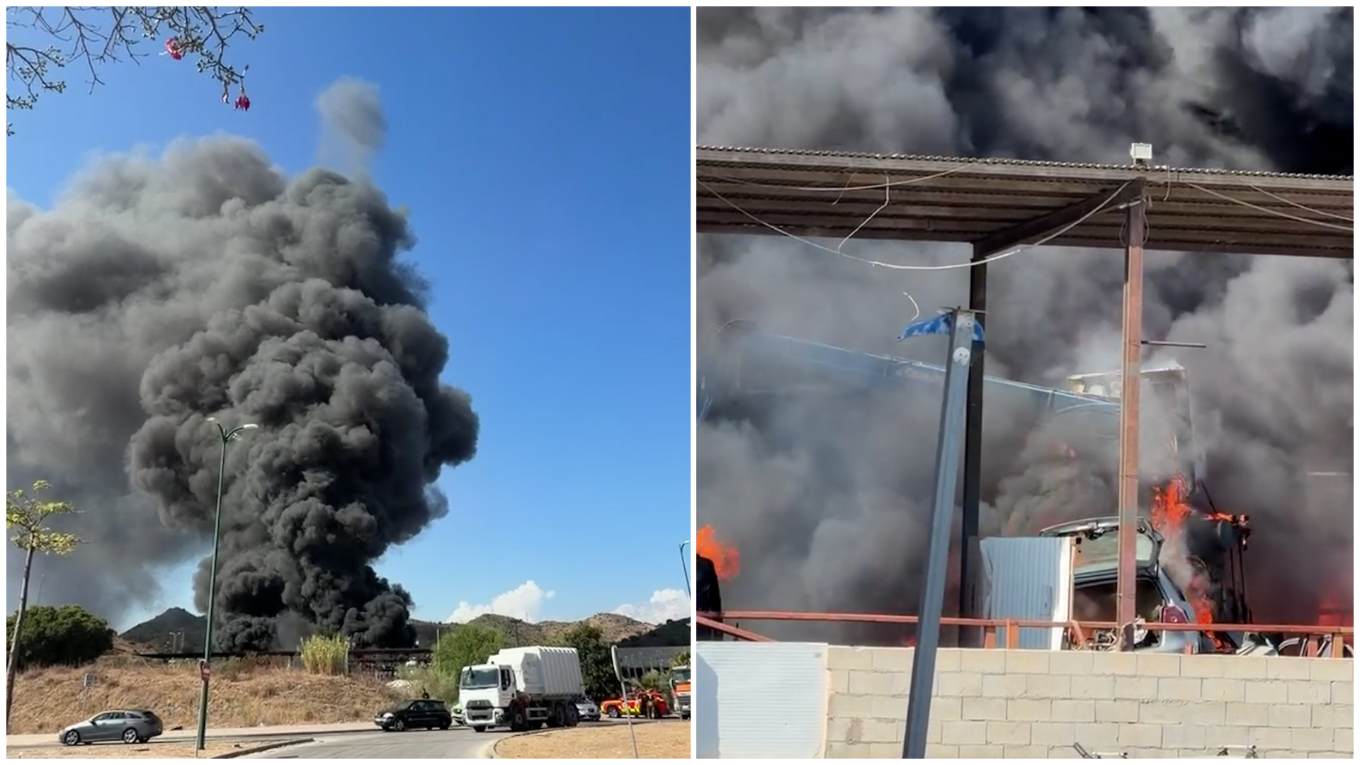 Un incendio en un desguace de Los Asperones genera una gran masa de humo en Málaga