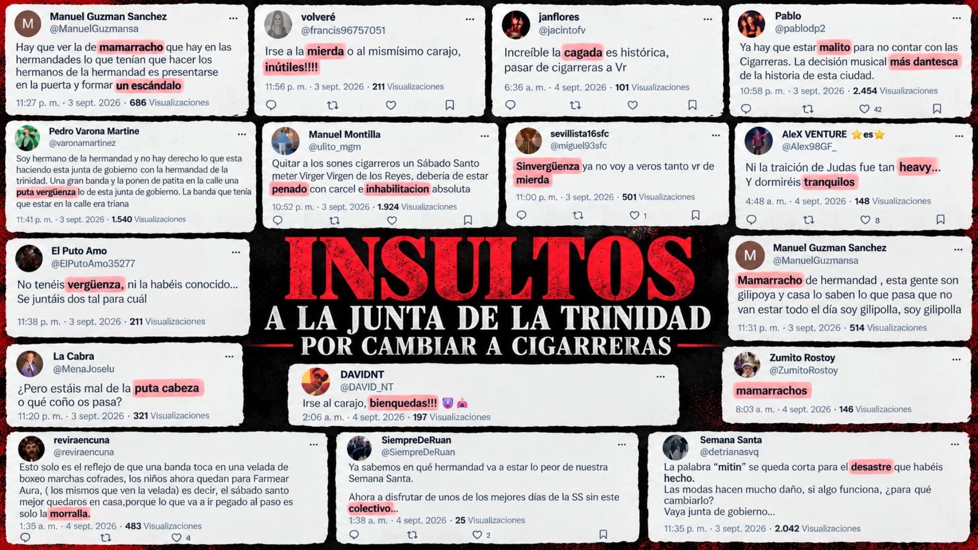 «Judas», «mamarrachos», «inútiles» o «sinvergüenzas»: insultan a la Junta de la Trinidad en redes por cambiar a las Cigarreras del Decreto por Virgen de los Reyes
