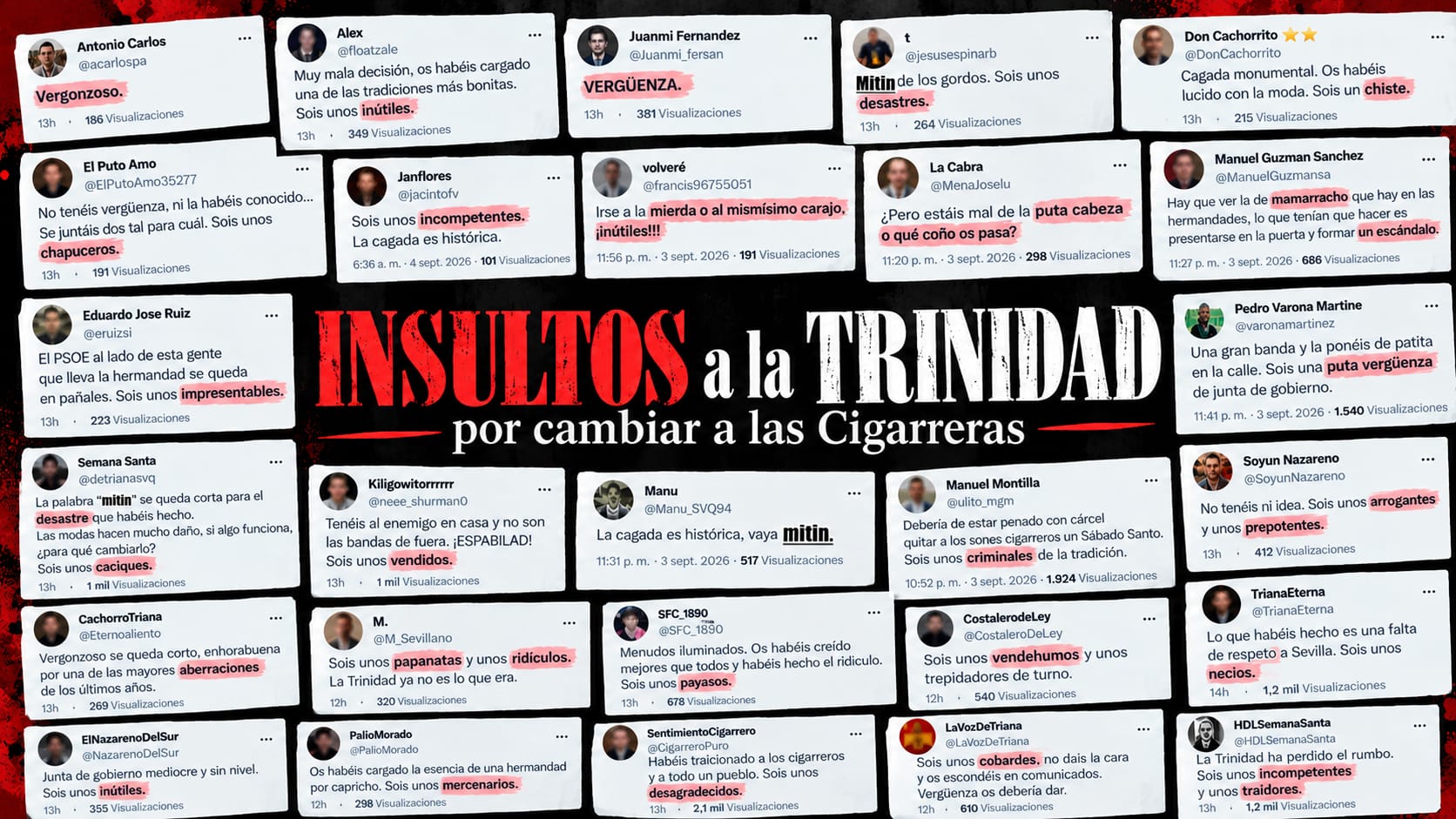 «Judas», «mamarrachos», «inútiles» o «sinvergüenzas»: insultan a la Junta de la Trinidad en redes por cambiar a las Cigarreras del Decreto por Virgen de los Reyes