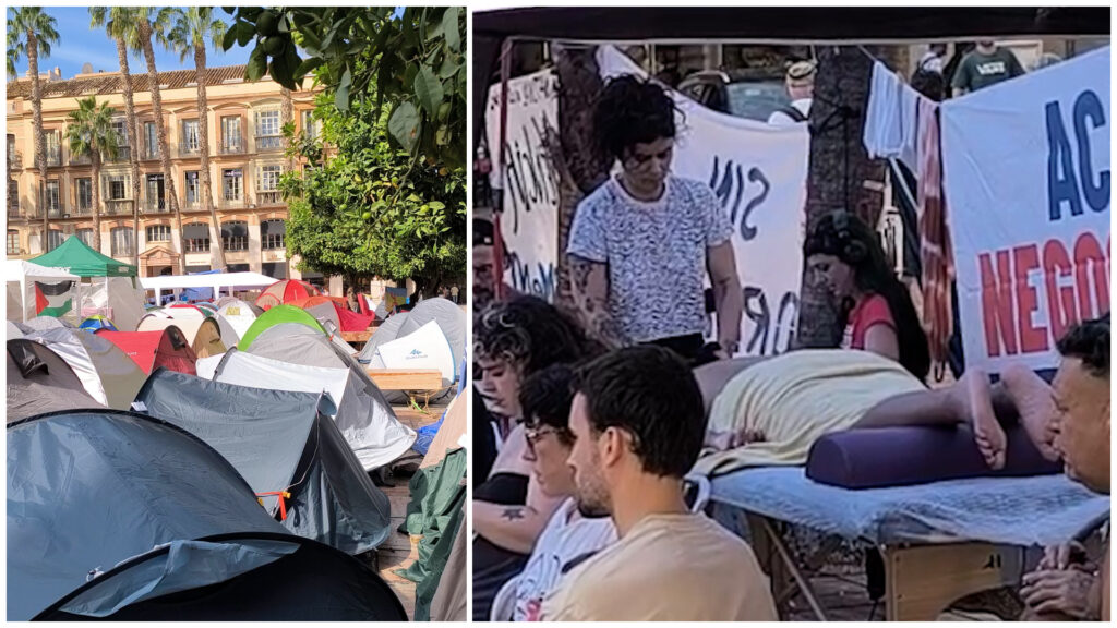 Un salón de masajes en plena acampada por la vivienda en Málaga