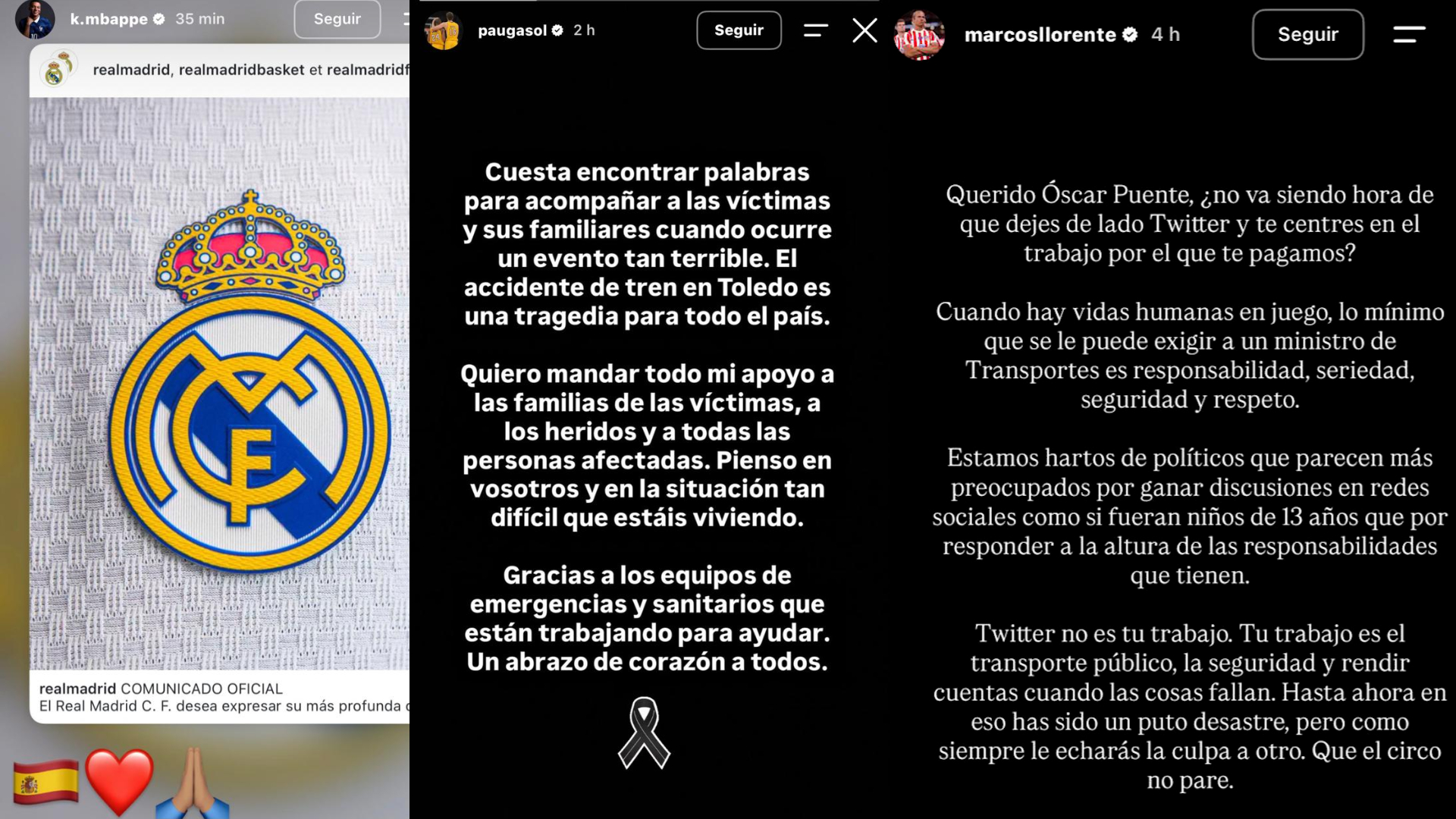 Las reacciones al accidente ferroviario en el mundo del deporte: desde el ‘dardo’ de Marcos Llorente a Puente a las condolencias de Pau Gasol y Rafa Nadal