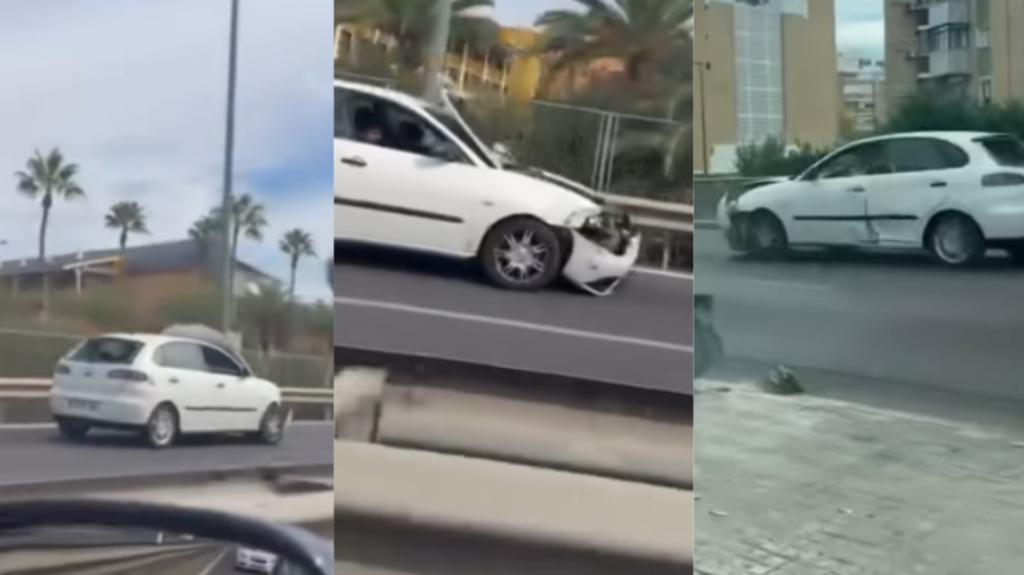 Un coche huye con el capó levantado y el paragolpes destrozado tras un accidente múltiple con un motorista herido en Sevilla