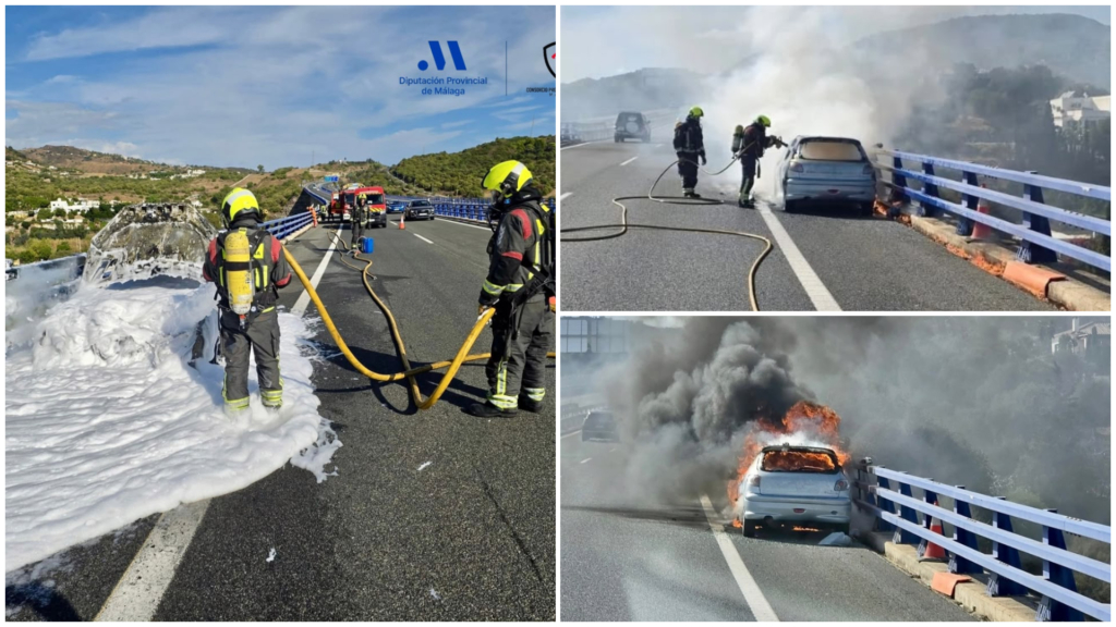 Un vehículo termina calcinado en la AP-7 a la altura de Estepona tras un incendio
